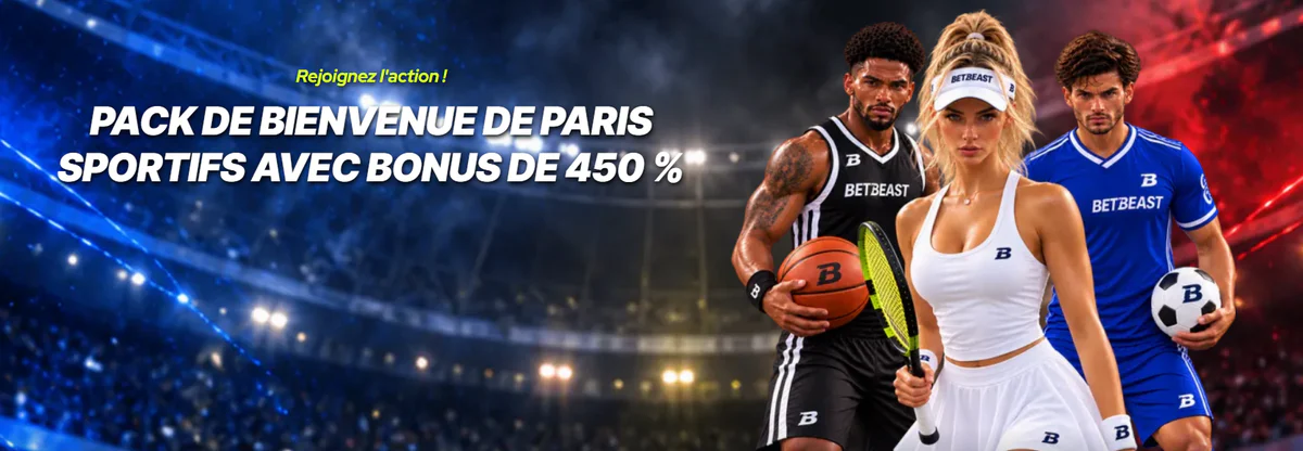 BetBeast Casino bannière du bonus de bienvenue de 450 % pour les paris sportifs avec joueurs de basketball, tennis et football