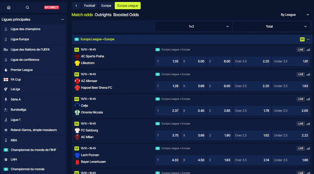 BetBeast Casino paris sportifs sur l'Europa League avec matchs en direct, cotes 1X2, marchés de buts et rencontres européennes